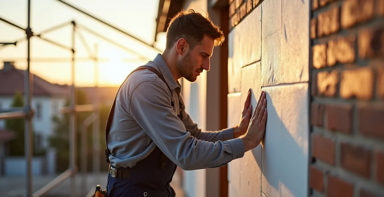 Artisan en train d'installer des panneaux d'isolation sur une façade avec équipement professionnel
