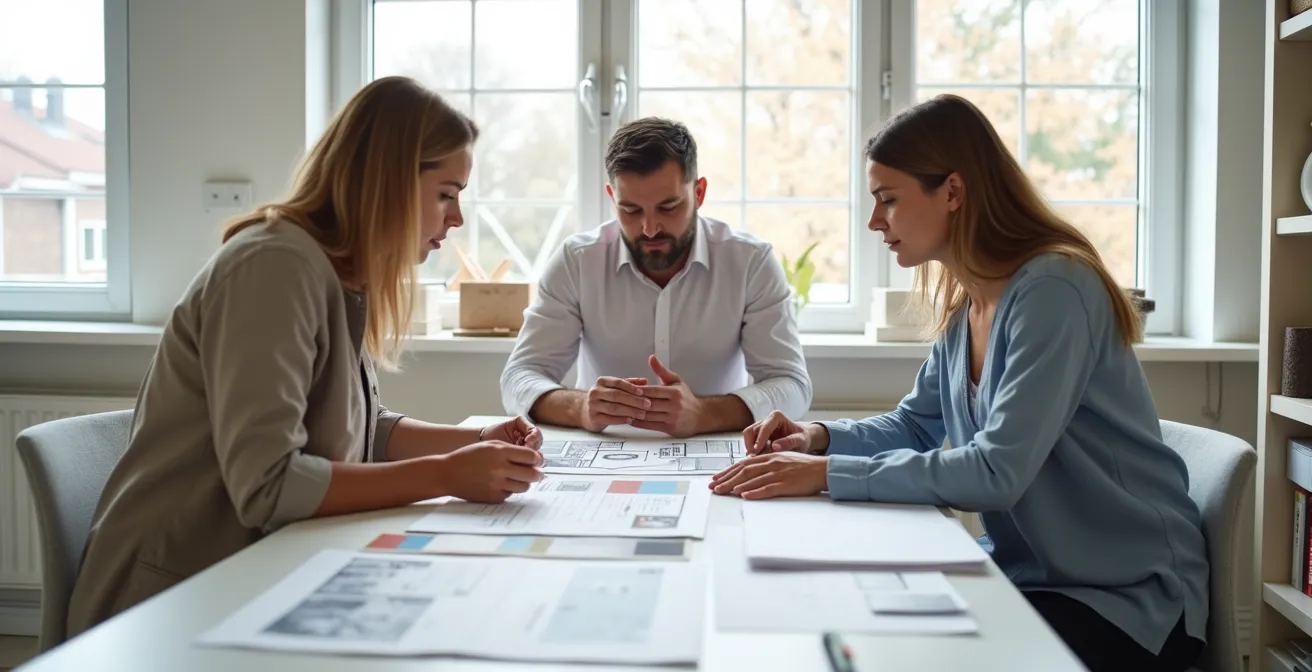 Conseiller en rénovation énergétique présentant des solutions à un couple de propriétaires