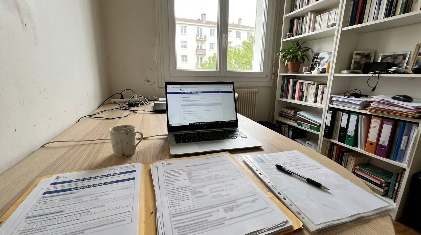 Bureau domestique avec dossiers de demande d'aides à la rénovation énergétique et ordinateur affichant un portail administratif