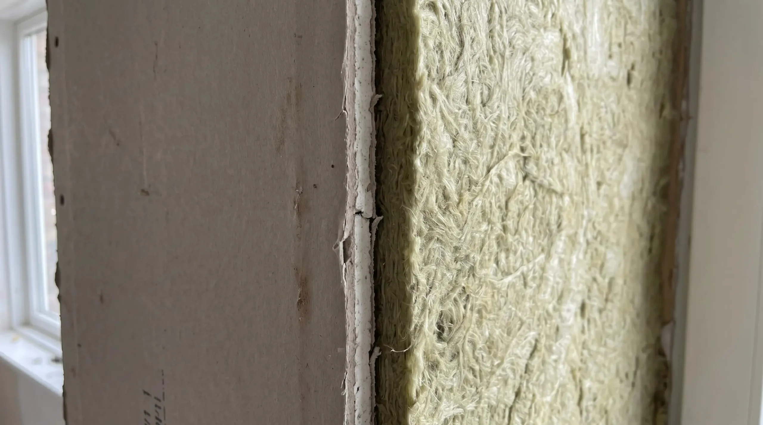 Coupe transversale d'une paroi isolée montrant l'épaisseur et la texture du matériau isolant entre la plaque de plâtre et le mur