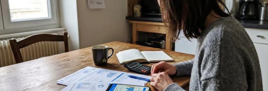 Propriétaire consultant ses factures de chauffage et comparant sa consommation énergétique sur une tablette dans sa cuisine